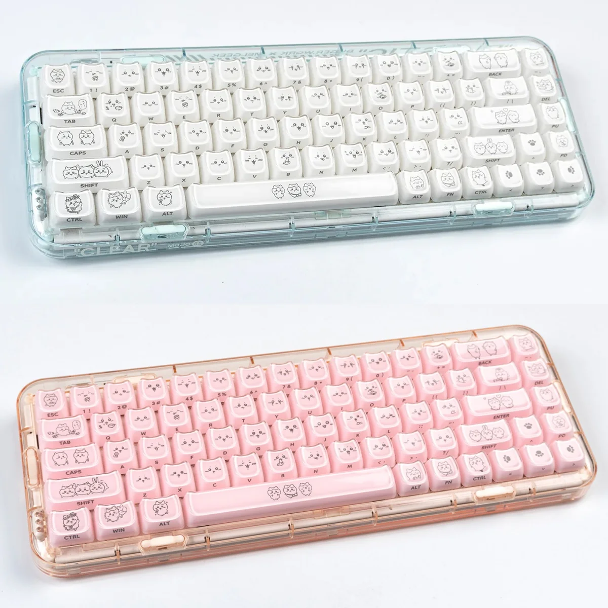 Charming Hachiware Crystal Jelly Keycaps Set glow translucently, showcasing their playful design and unique magnetic feature.
