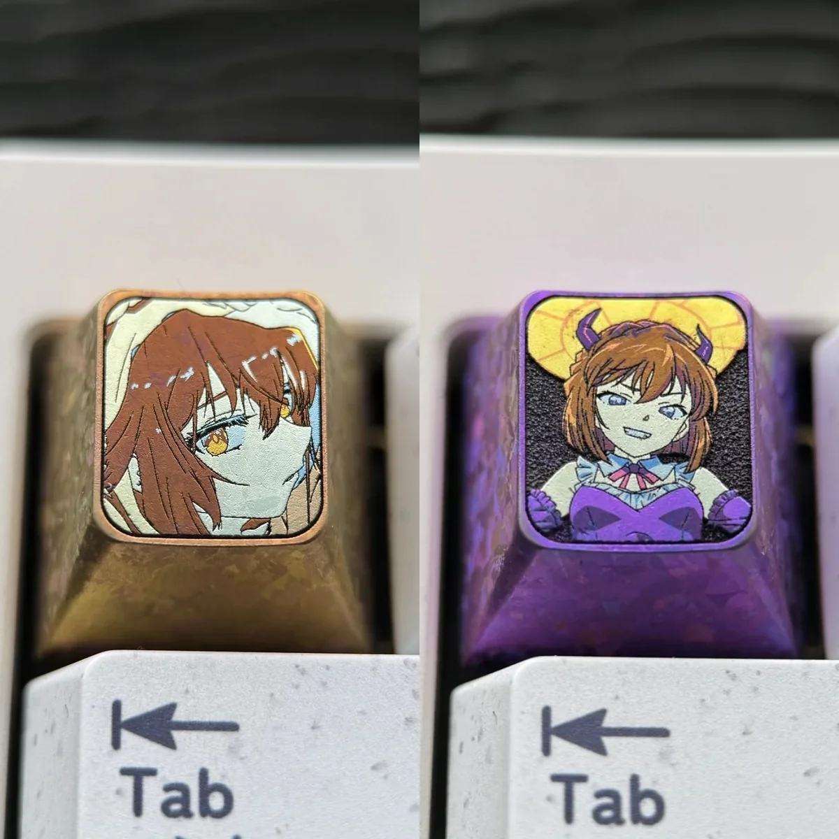 Premium Haibara Ai titanium keycap for ESC, featuring meticulously etched iconic imagery on polished metal, highlighting its artistic quality.