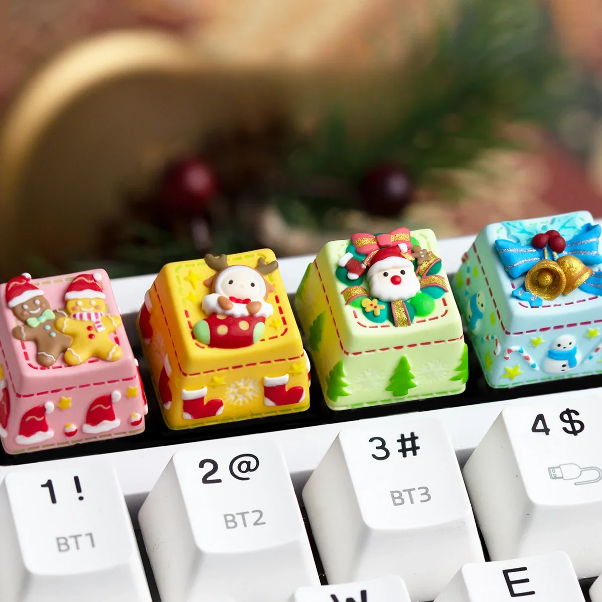 Close-up of a handcrafted Christmas keycap, a whimsical resin ESC art piece featuring vibrant miniature festive scenes.