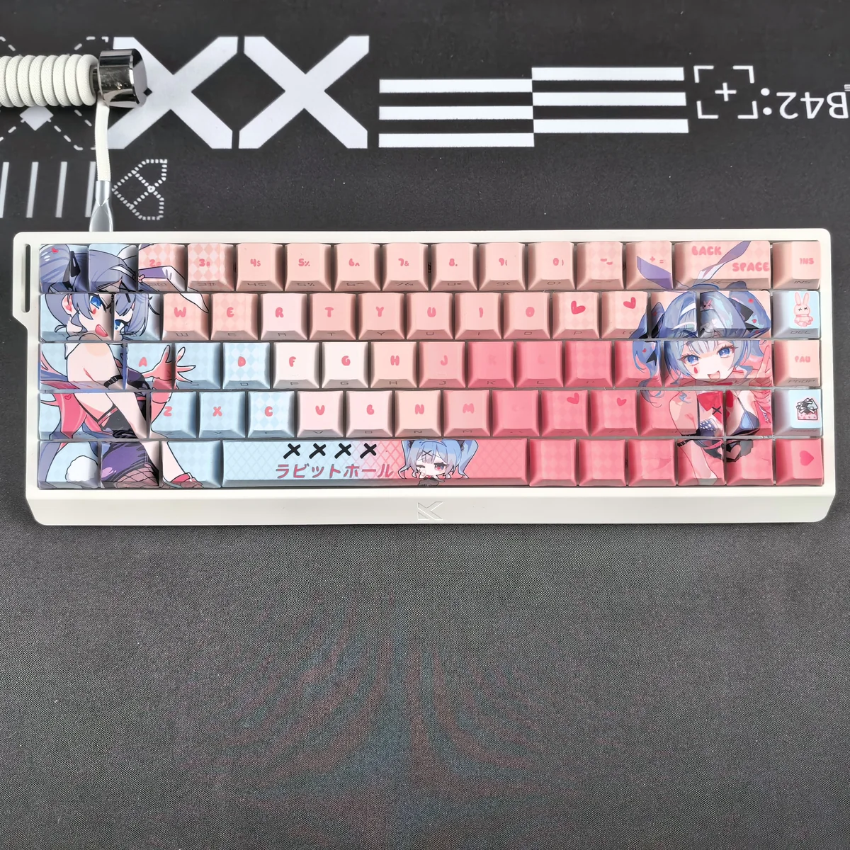 Vibrant Hatsune Miku Keycaps Set with whimsical VOCALOID side-prints, showcasing translucent PBT for stunning RGB glow.