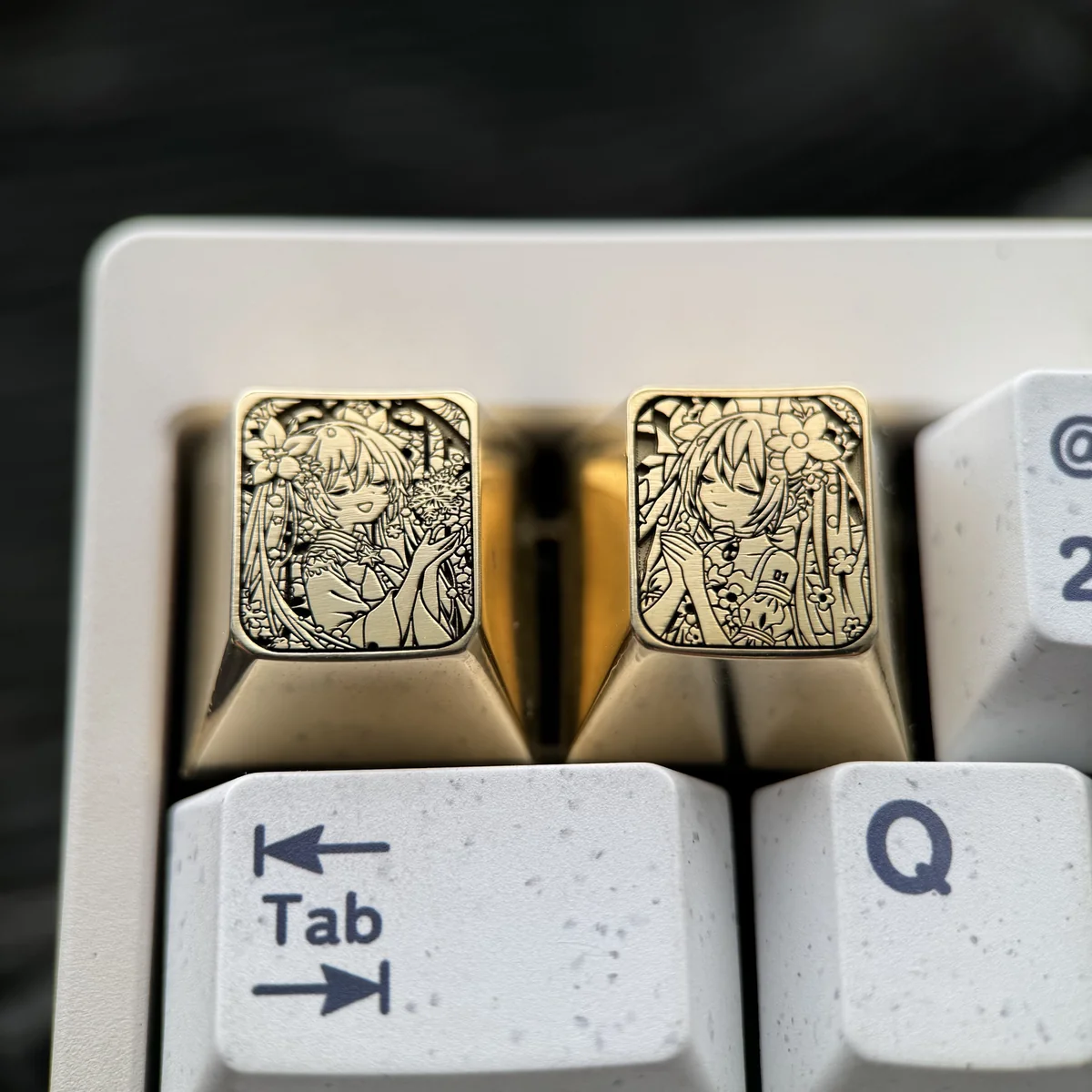 Premium Hatsune Miku Brass artisan keycap for ESC key, featuring intricate character engraving on polished brass.