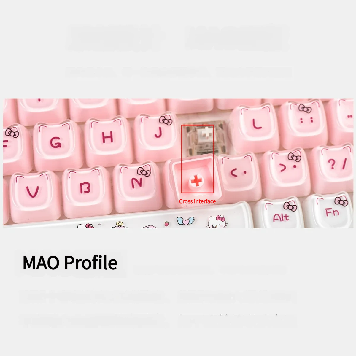 Vibrant Hello Kitty Crystal Jelly Keycap Set, showcasing its translucent design and iconic charm from various playful angles.