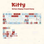 A full 120-key set of Hello Kitty Happy Travel PBT dye-sub keycaps set, featuring charming pastel diary-inspired travel designs for a whimsical keyboard.