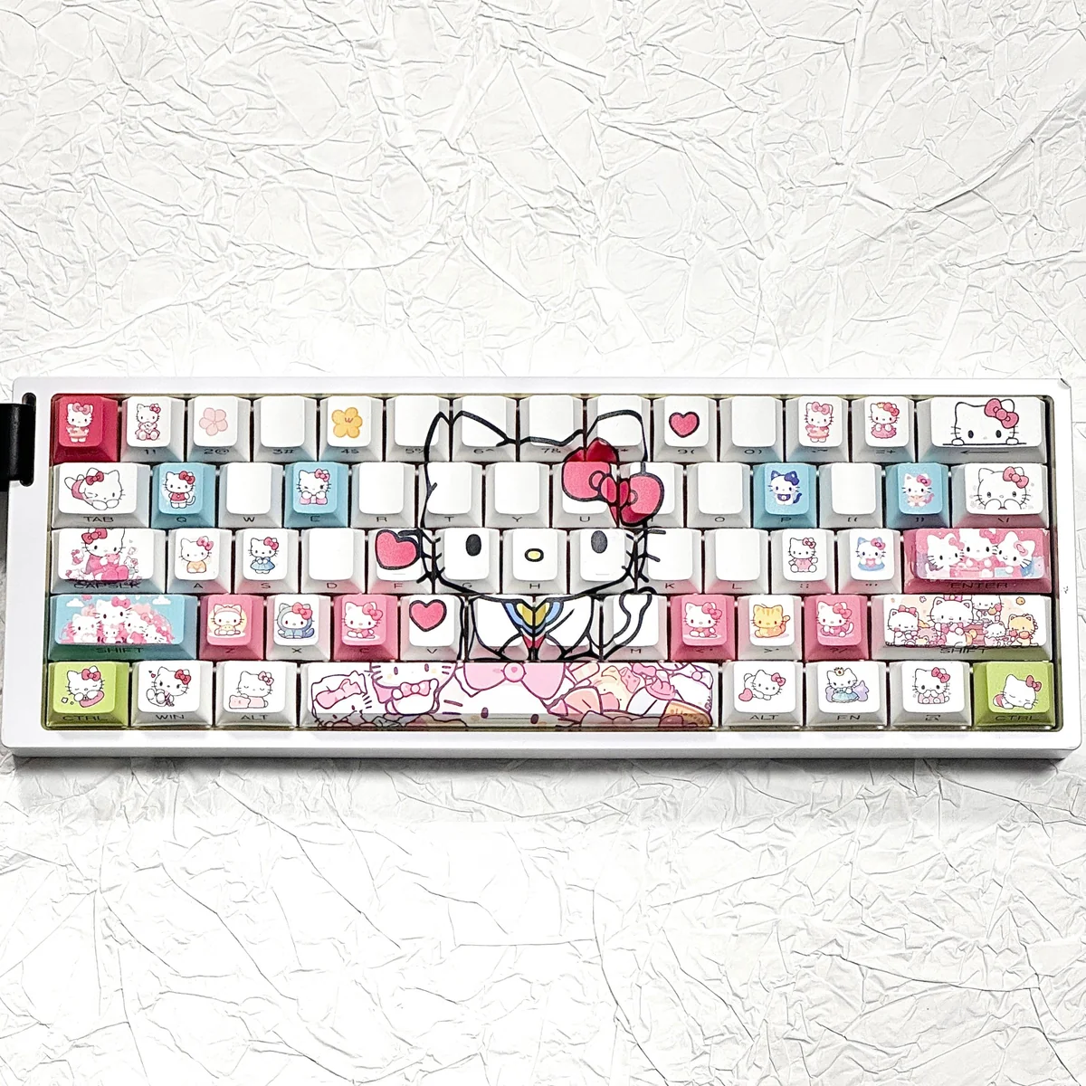 Vibrant Hello Kitty PBT side-lit keycaps set, featuring clean side-printed legends and iconic playful designs, perfect for RGB keyboards.
