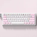 A collection of vibrant pink Hello Kitty PBT side-lit keycaps set, displayed from various angles to highlight their iconic design and RGB compatibility.