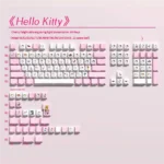 Angled shot of vibrant pink Hello Kitty PBT side-lit keycaps set, highlighting the iconic character and durable texture for a playful custom keyboard.