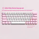Vibrant pink Hello Kitty 64-key PBT keycap set with side-lit legends, perfect for a playful RGB mechanical keyboard setup.