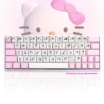 Close-up of a cute Hello Kitty pink PBT side-lit keycaps set, perfect for a playful and vibrant RGB mechanical keyboard.