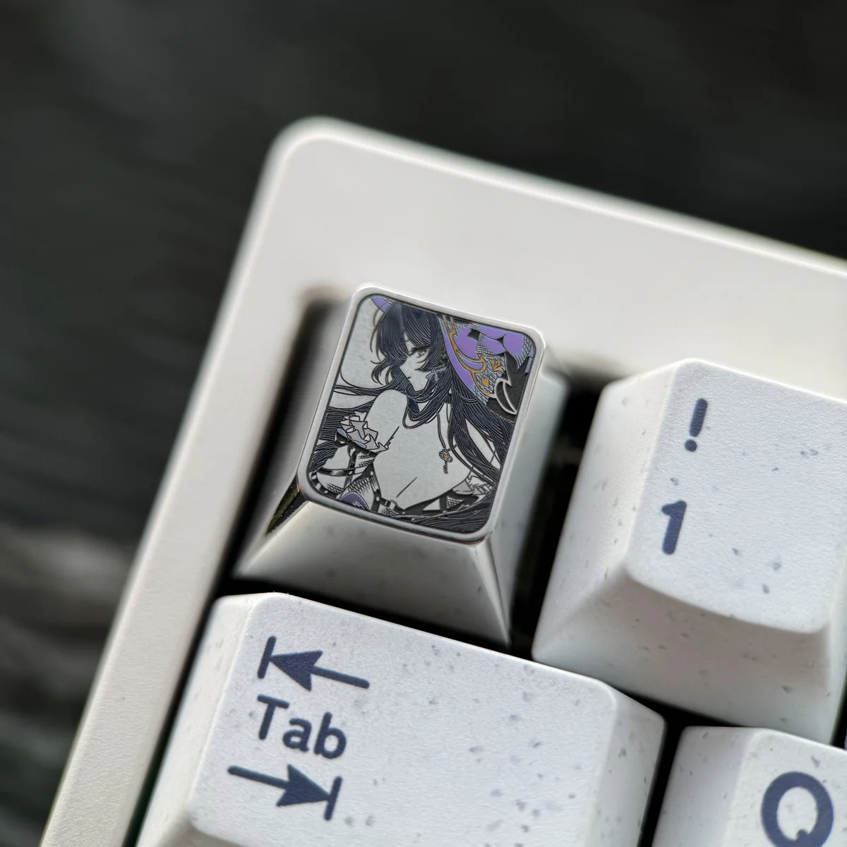 Multiple angles of the premium Honkai Star Rail Herta titanium artisan keycap reveal intricate metallic finish, precision coloring, and sci-fi elegance.