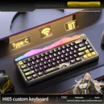 Elegant obsidian black Hi65 65% mechanical keyboard with sophisticated gold accents, featuring premium switches.