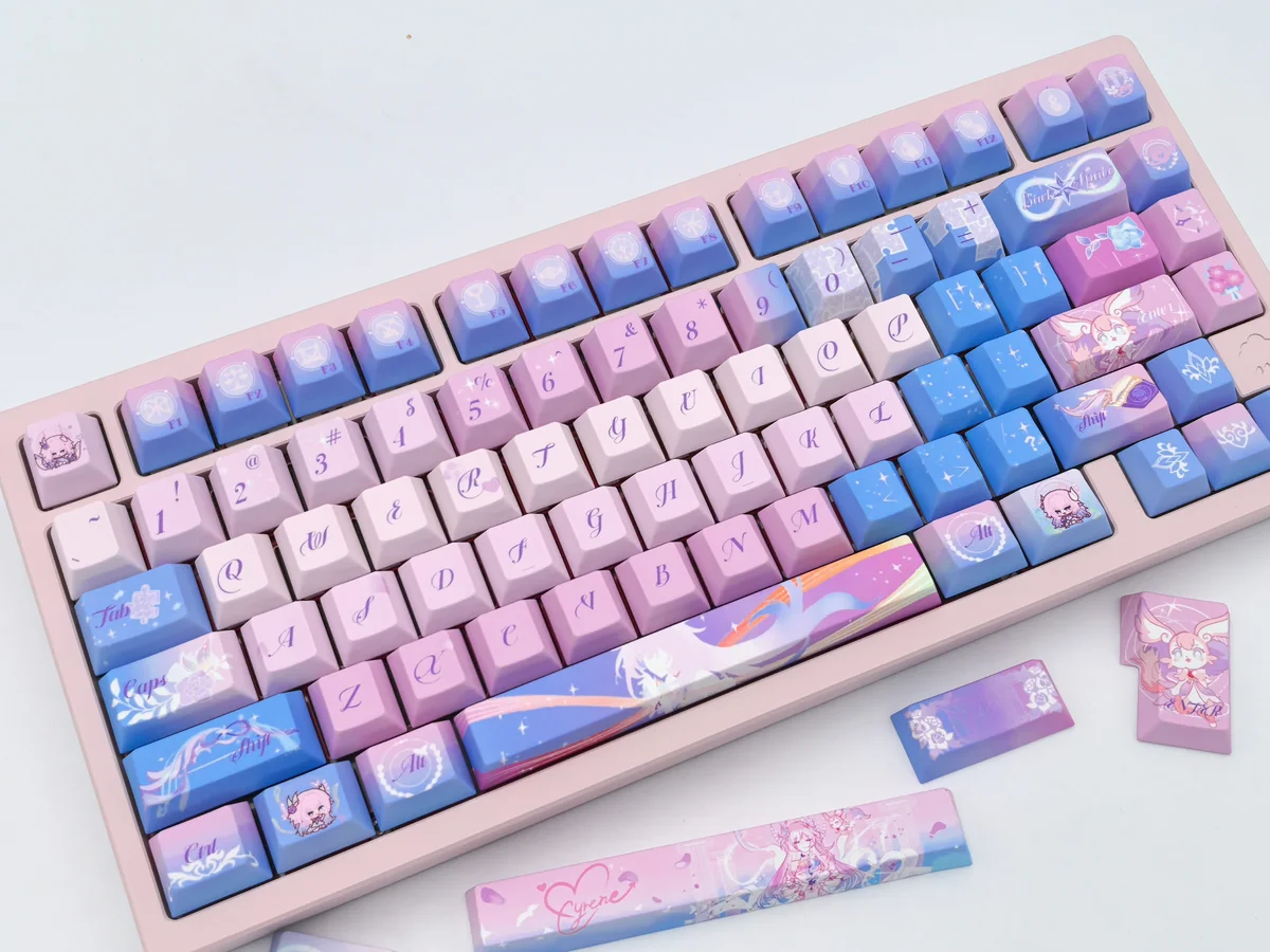 Exclusive Honkai Star Rail Cyrene keycaps set on main display, featuring futuristic elegance and character-specific sci-fi designs.