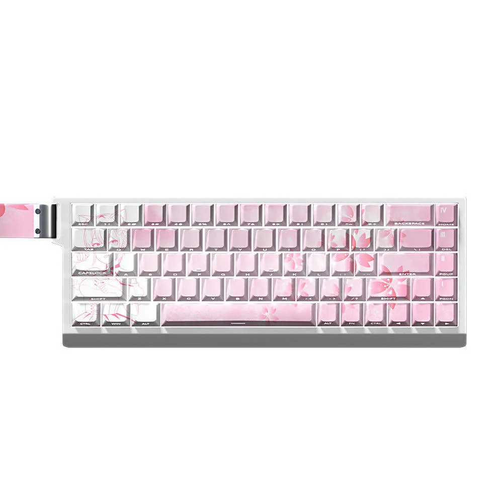 Vibrant Ichika Nakano themed PBT keycaps set showcasing playful side-printed legends, glowing backlit effects, and pink accents from multiple angles.