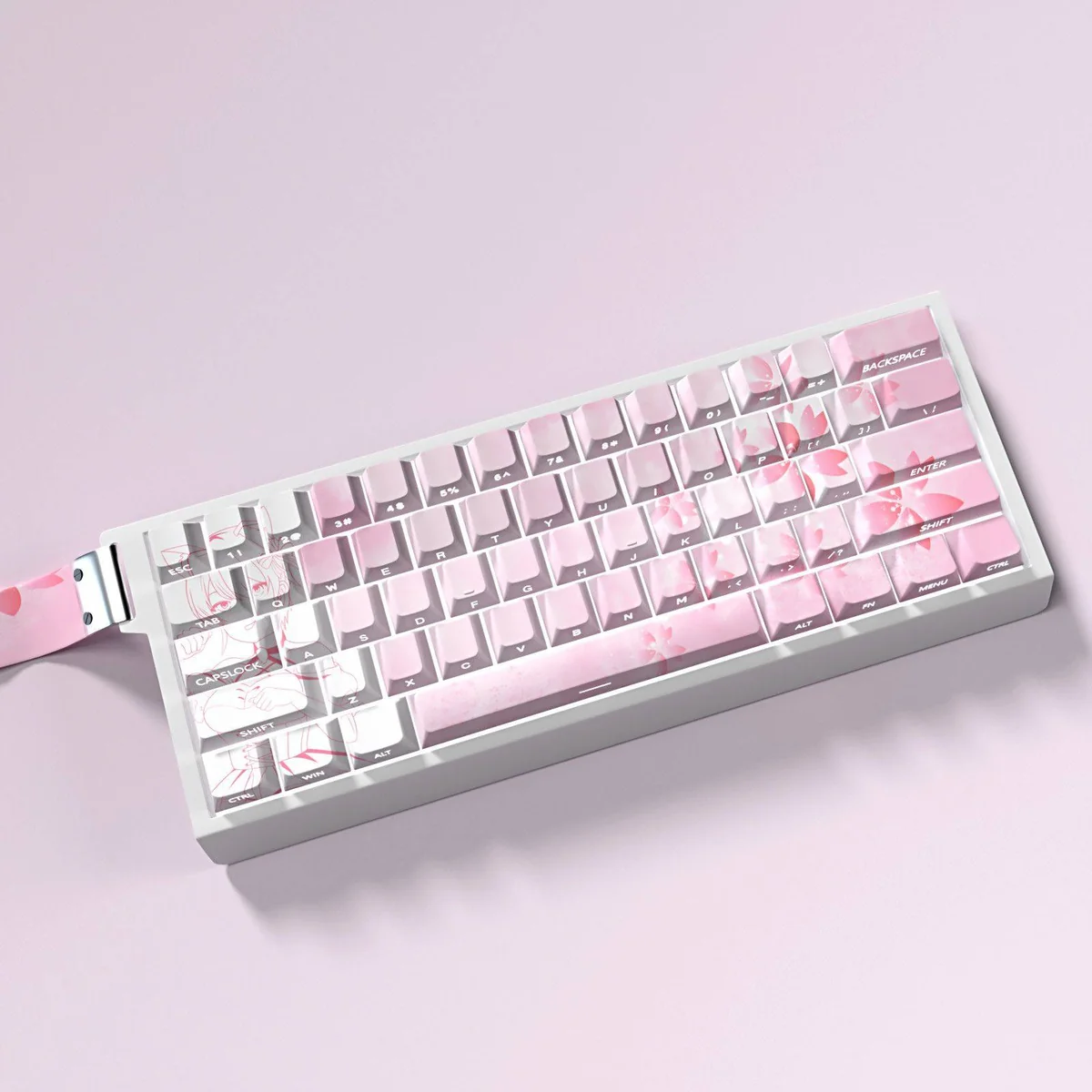 Vibrant Ichika Nakano PBT keycaps set with glowing backlit side-printed legends and playful pink accents, shown from various angles.