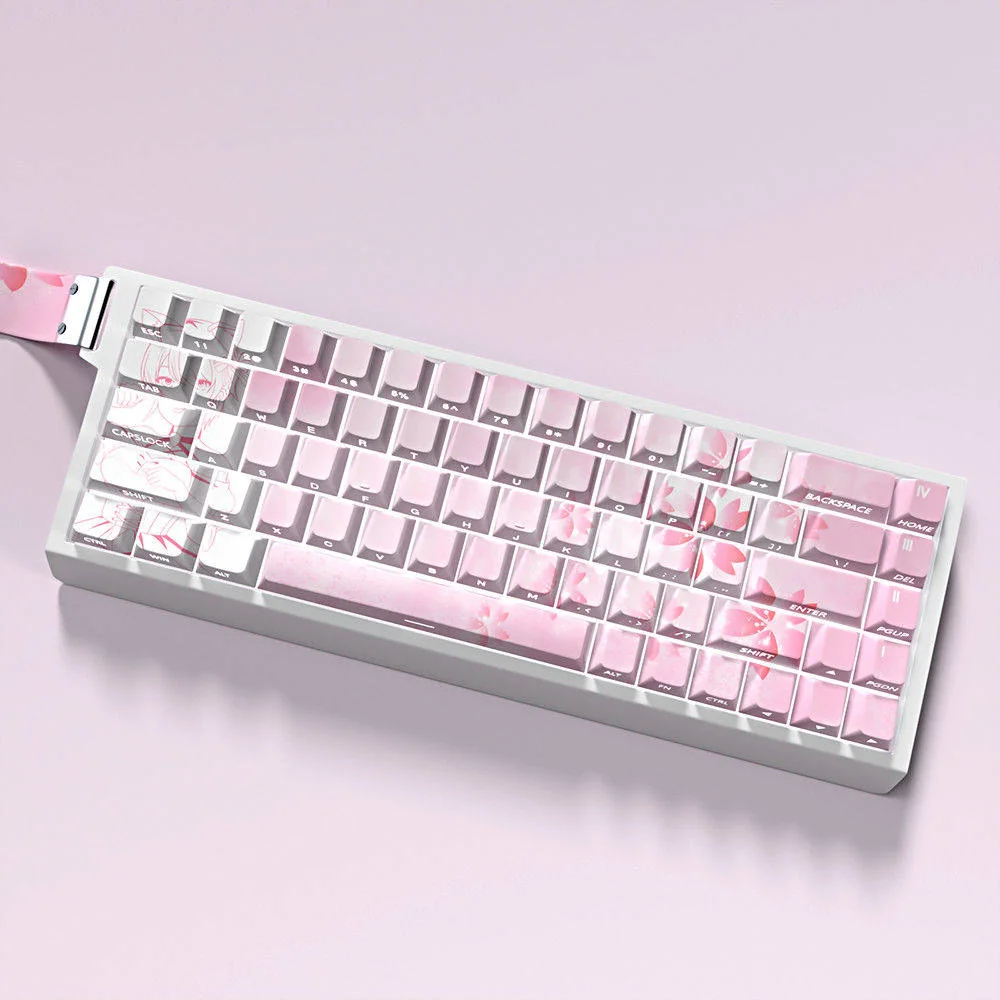 Ichika Nakano themed PBT keycaps set gallery, featuring playful character art, pink accents, and glowing side-printed legends from multiple perspectives.