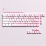 Vibrant Ichika Nakano themed PBT keycaps set with clean side-printed legends and glowing backlighting, playfully displayed from various perspectives.