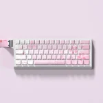 Vibrant Ichika Nakano PBT keycaps set with glowing pink backlighting and crisp side-printed legends, featuring playful character art.