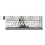 Artistic shots of Alisa side-printed backlit PBT keycaps set, revealing elegant character art and glowing translucent legends from various angles.