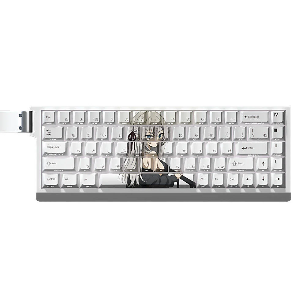 Artistic shots of Alisa side-printed backlit PBT keycaps set, revealing elegant character art and glowing translucent legends from various angles.