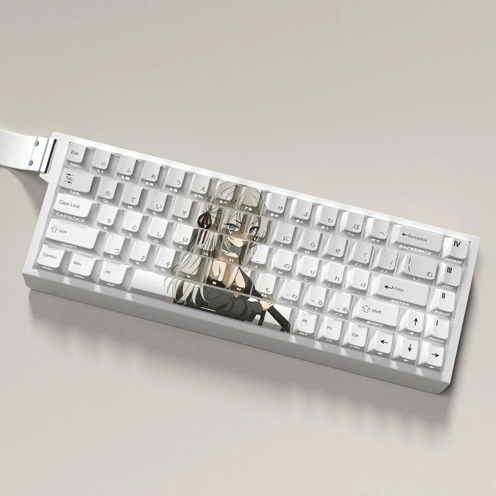 Elegant Alisa side-printed backlit PBT keycaps set displayed from multiple angles, showcasing the glowing translucent legends and artistic character.