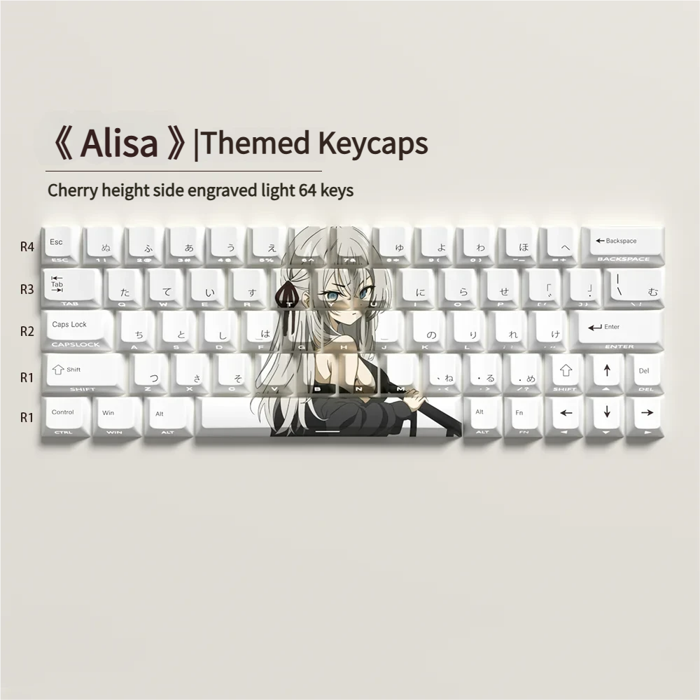 Artistic gallery of Alisa Side-Printed Backlit PBT Keycaps Set, revealing elegant character art and glowing translucent legends at different angles.