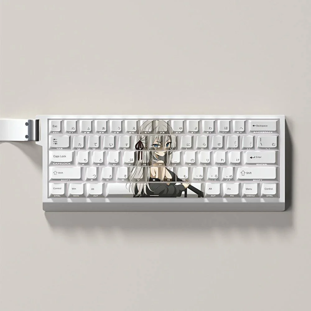 Elegant Alisa PBT keycaps set showcasing exquisite side-printed character art and glowing translucent legends, optimized for backlit mechanical keyboard.