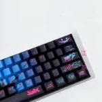 Explore multiple angles of the Jinx PBT dye-sub keycap set, featuring chaotic, vibrant character art, perfect for League of Legends enthusiasts.