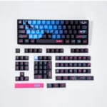A dynamic gallery of Jinx PBT dye-sub keycaps set, exploding with vibrant, chaotic League of Legends character art from various angles.