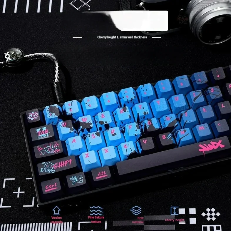 Unleash chaos with this exclusive Jinx PBT Dye-Sub keycap set, displaying vibrant, explosive League of Legends character art.