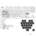 Isabelle Keycaps Set gallery: elegant side-printed RGB PBT set with original character art, seen from multiple angles, showcasing subtle backlighting.