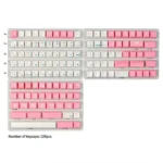 Elegant PBT Sakura Keycaps set, showcasing durable dye-sublimated legends and delicate cherry blossom design from multiple angles in soft pink and white aesthetics.