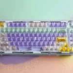 Playful jelly dessert keycaps set, transparent and glowing RGB, shown from various angles. These sweet, vibrant keycaps enhance any keyboard.