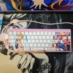 Artistic close-ups of Kamio Misuzu AIR side-print backlit PBT keycaps set, beautifully showcasing the serene anime designs and glowing legends from different view.