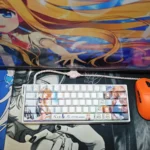 Kamio Misuzu AIR side-print backlit PBT keycaps set on a keyboard, featuring serene anime designs and a gentle glow.