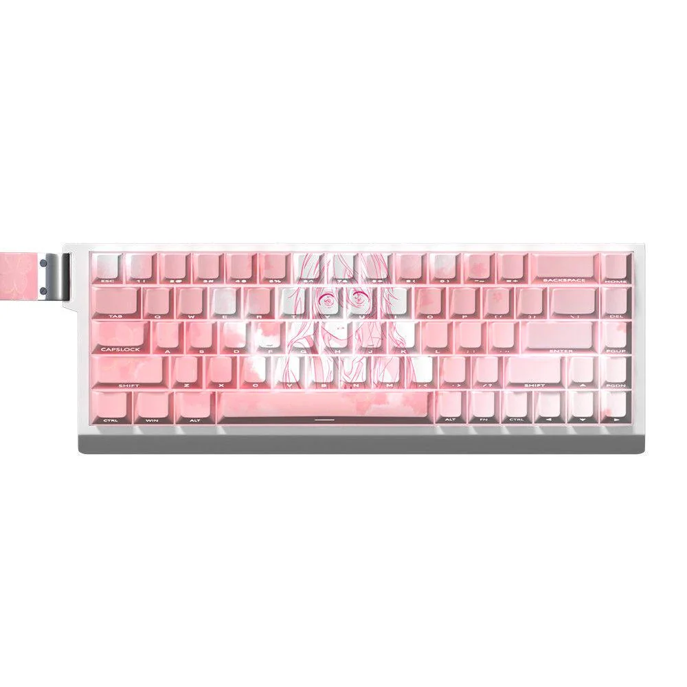 Exclusive Kaori Miyazono PBT side-printed translucent keycap set, shown from diverse artistic angles. Highlights vibrant anime art and elegant translucent.