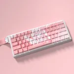 Vibrant Kaori Miyazono PBT side-printed translucent keycaps set displayed from multiple angles, revealing elegant anime art and unique legends.