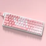 Gallery views of Kaori Miyazono PBT side-printed translucent keycaps set, highlighting vibrant anime art, elegant design, and the unique legends from various angles.