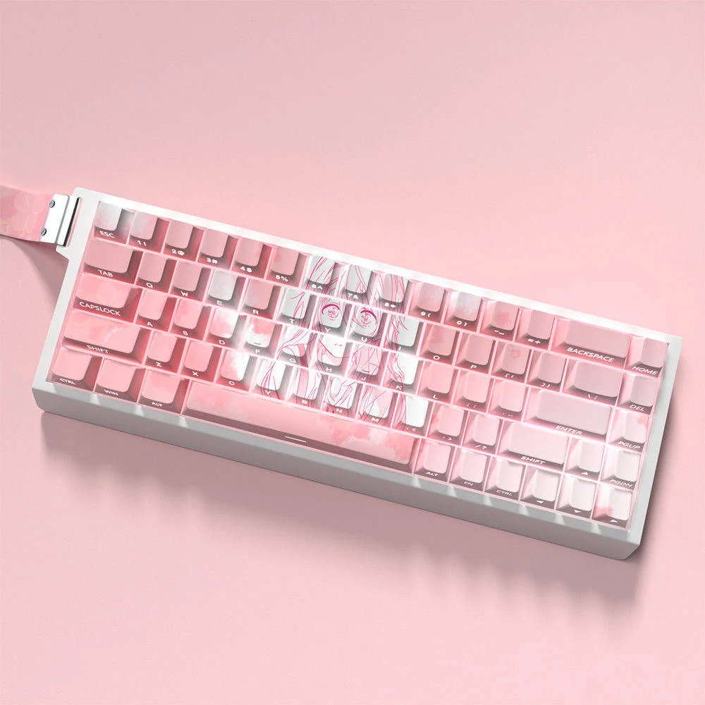 Gallery views of Kaori Miyazono PBT side-printed translucent keycaps set, highlighting vibrant anime art, elegant design, and the unique legends from various angles.