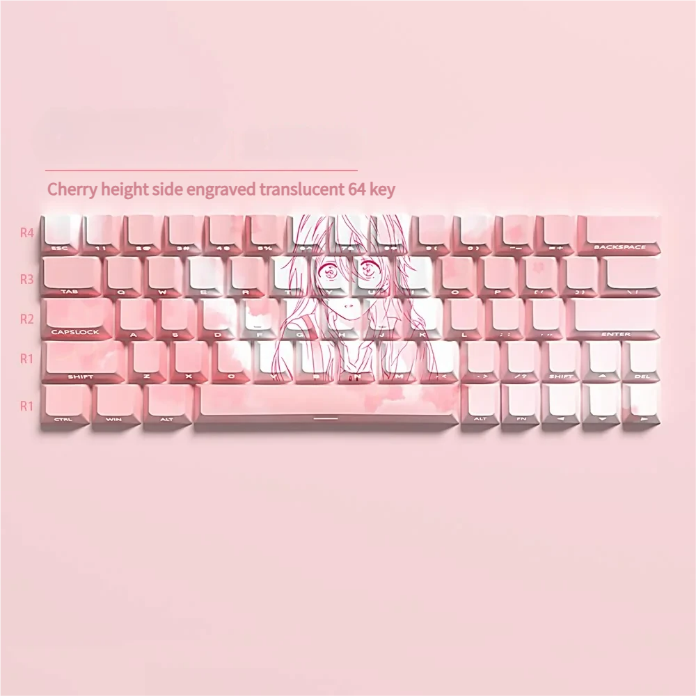 Kaori Miyazono PBT side-printed translucent keycap set from various angles, highlighting the vibrant anime art and elegant, expressive legends.