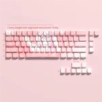 A gallery of Kaori Miyazono PBT side-printed translucent keycaps set from various angles, showcasing vibrant anime art and elegant design for mechanical keyboard.