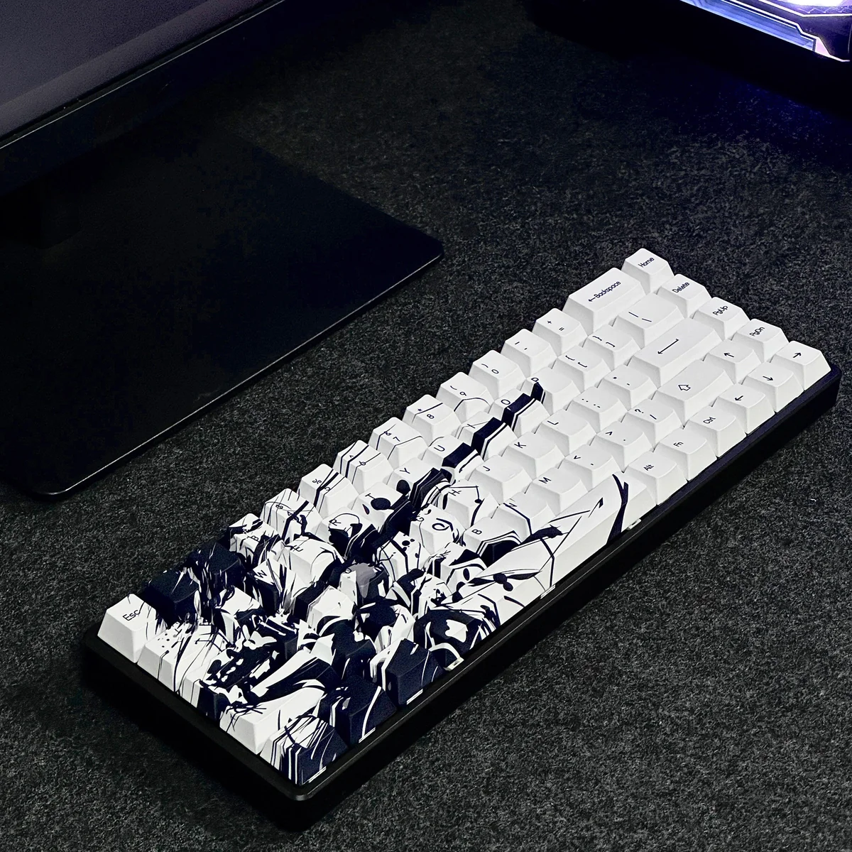 Close-up gallery of high-octane Kawasaki PBT dye-sub keycaps set, revealing durable vibrant hues designs and mechanical flair from various artistic angles.