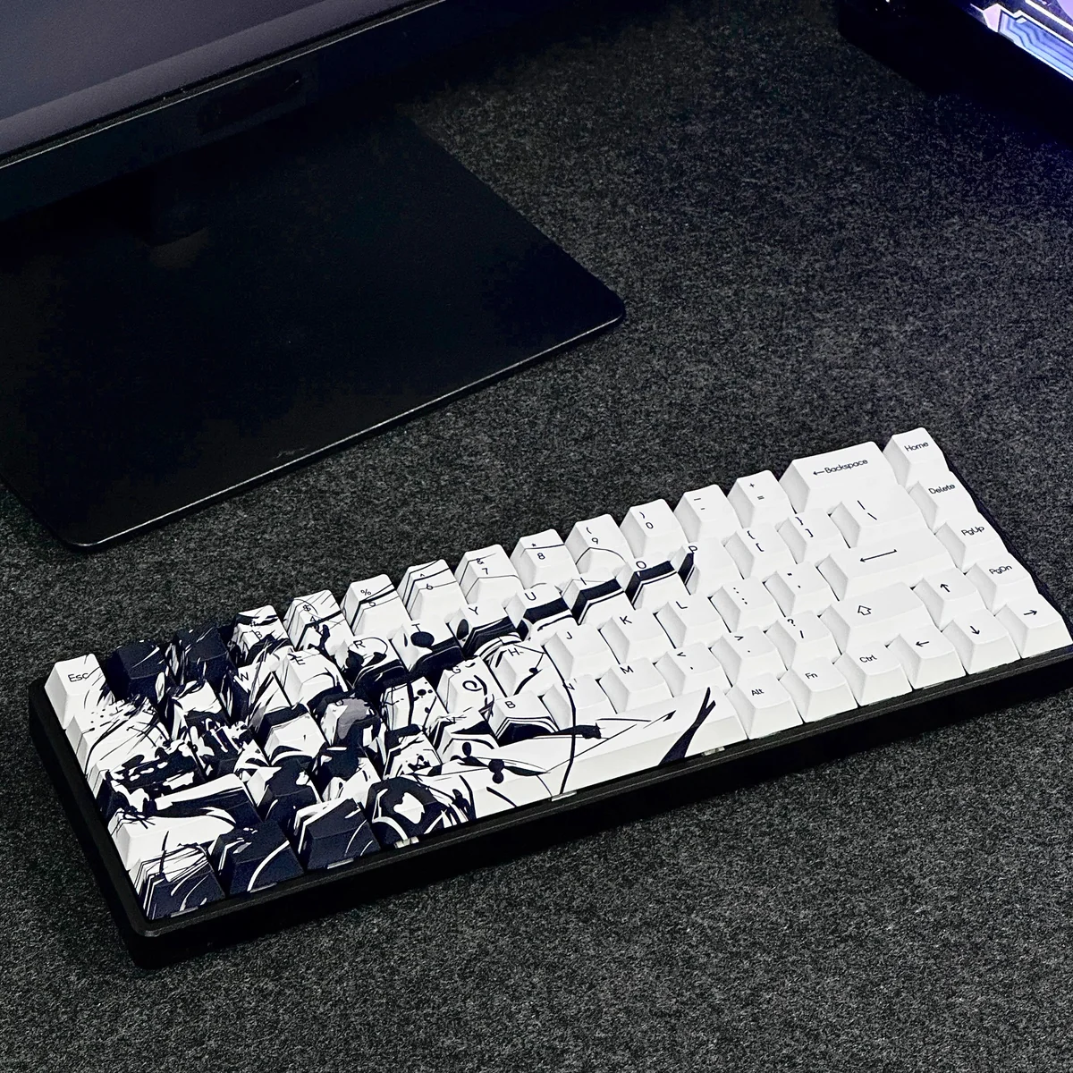 Kawasaki keycaps set showcasing durable PBT dye-sublimated artistry, vibrant hues characters, and dynamic original characters.