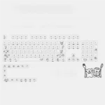 Multiple views of the Playful Maltese Dog Keycap Set, featuring its ceramic feel, translucent jelly look, and whimsical side-engraved puppy design.