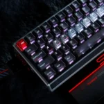 Gallery of the artistic Skyline Cherry 76-keycap set. Backlit ABS keycaps showcase unique whimsical bee and urban skyline designs from various angles.