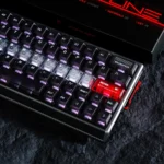 Gallery of the artistic Skyline Cherry Keycap Set, revealing 76 backlit ABS keys with intricate whimsical bee and sleek urban skyline patterns.