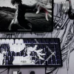 Premium Lelouch Code Geass keycaps set with vibrant backlit PBT side legends. Dark, strategic design featuring iconic symbols and commanding red accents.