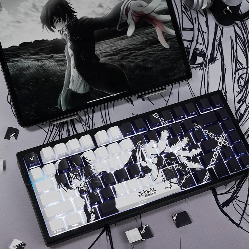 Lelouch Keycap Set: Backlit PBT side-printed Code Geass keycaps. Dark, strategic aesthetic with iconic symbols and commanding red accents. Premium quality.