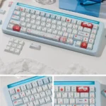 A collection of premium serene Whisper blue PBT keycaps set for a minimalist keyboard, shown from various angles highlighting their clean design and smooth design.