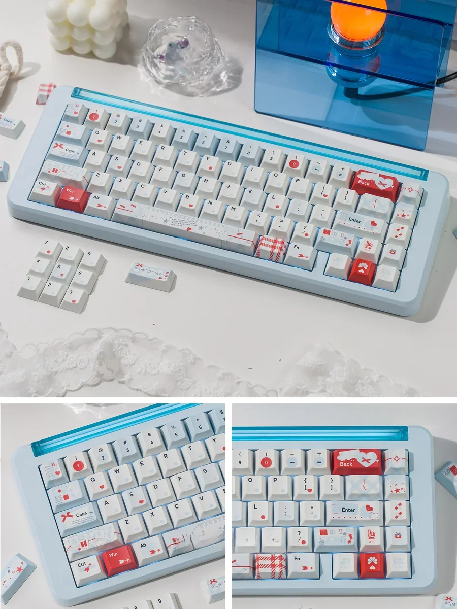 A collection of premium serene Whisper blue PBT keycaps set for a minimalist keyboard, shown from various angles highlighting their clean design and smooth design.
