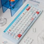 Main image of serene Whisper blue PBT keycaps set, showcasing their premium quality and minimalist aesthetic on a clean, modern keyboard.