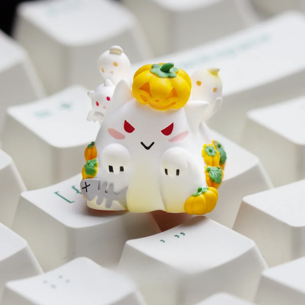 Handcrafted luminous resin Halloween ESC keycap from multiple angles, showcasing its charming glowing pumpkin design, translucent artistry, and playful design.